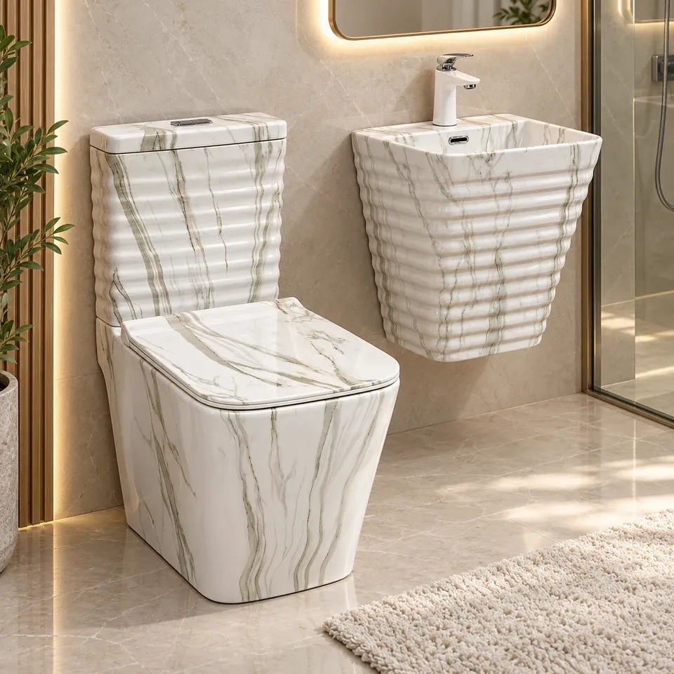 Дизайнерський унітаз та умивальник мраморний White 8748